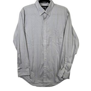 Lands' End Supima Pinpoint No Iron Dress Shirt Gray White Blue Plaid Size 16 /34